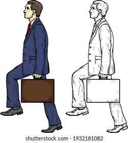 Businessman in suit with briefcase stepping up. Hand drawn vector illustration.