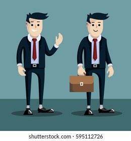 businessman in a suit with a briefcase, two poses, friendly people, flat design