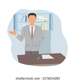Businessman in suit. Business concept with icons. Cartoon Handsome successful man without face. Portrait of Full length. Flat design vector illustration isolated on blue background