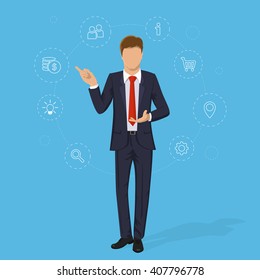 Businessman in suit. Business concept with icons. Cartoon Handsome successful  man without face. Portrait of Full length. Flat design vector illustration isolated on blue background