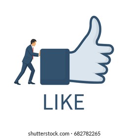 Businessman in suit carries an icon LIKE. Thumbs up flat design style. Vector illustration. Symbol as a symbol of approval. Objects in different layers for easy editing.
