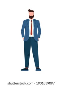 Businessman in suit. Caucasian male standing. Tall Young Manager. Handsome full growth Guy.