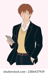 Businessman in suit checking message notifications via smartphone. Smart man using mobile phone, other hand in pocket. Hand drawn flat cartoon character vector illustration.