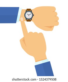 Businessman in suit checking time on his classic watch. Time on wrist watch. Flat cartoon style vector illustration isolated on white background.