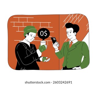 A businessman in a suit checks his phone while a homeless person in worn clothes holds an empty cup, displaying a speech bubble with 0 . Representing financial inequality. Vector illustration