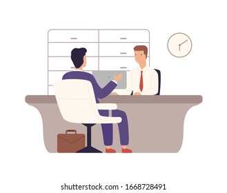 Businessman in suit client of bank sitting and talking with manager at credit department isolated on white. Smiling man payment office worker providing services to customer vector flat illustration