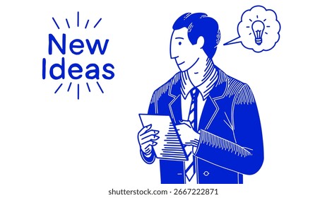 A businessman in a suit with creative idea. Creative thinking concept for your bank, finance company. New ideas in your niche. outline hand drawn style
