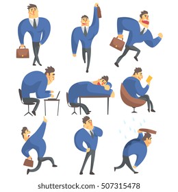 Businessman In A Suit Different Work Activities Set Of Drawings