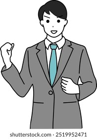 A businessman in a suit doing a fist pump