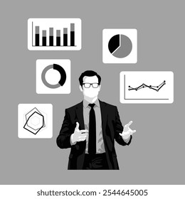 Businessman in suit doing presentation, statistic data in charts
