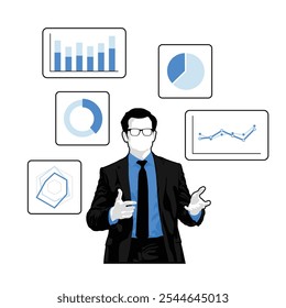 Businessman in suit doing presentation, statistic data in charts