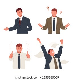 Businessman in suit is doing various gestures. Guiding hand gestures, curious expressions and hand gestures, thumbs up, hurray gestures. hand drawn style vector design illustrations. 