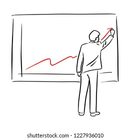 Businessman in suit drawing chart of financial growth vector illustration sketch doodle hand drawn with black lines isolated on white background
