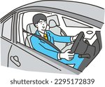A businessman in a suit driving a car
