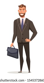 Empresario en la ilustración portadora plana. Un joven con ropa de oficina aisló a un personaje de caricatura de fondo blanco. Gerente con barba sonriente con cartera de documentos, banquero exitoso