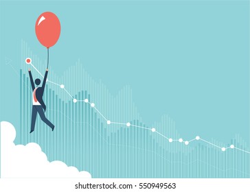 Businessman in a suit flying happily holding a balloon, up to destination graphs vector design cartoon.