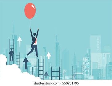 Businessman in a suit flying happily holding a balloon on city, men climbing ladders, concept of success and career growth vector design cartoon.