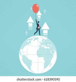 Businessman in a suit flying happily holding a balloon for success, up to destination graphs vector design cartoon.