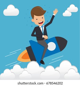 Businessman in Suit Flying on a Rocket. Concept Business Vector Illustration Flat Style.