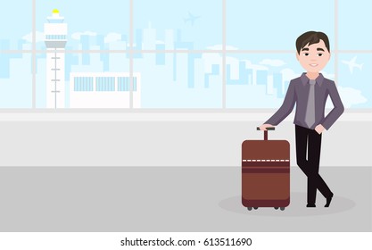 Businessman in a suit in front of the airport building. Man with luggage go on a trip. Tourists are preparing for the travel. The plane flies in the sky. Vector illustration.