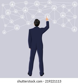 Businessman in suit full length back view touch screen social net concept vector illustration