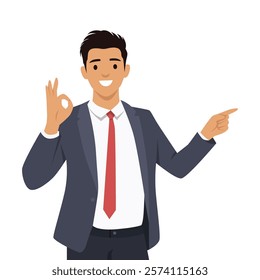 Businessman in a suit gesturing an OK sign and the other pointing away. Flat vector illustration isolated on white background