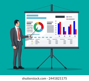 Businessman in suit giving presentation with projector screen. TV screen with financial report and lecturer. Training staff, meeting, report, business school. Vector illustration in flat style