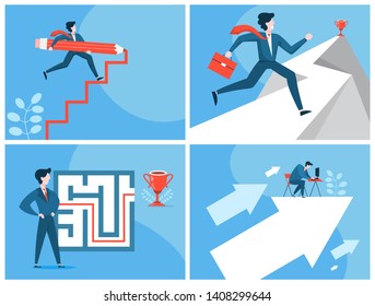 Businessman in the suit going towards success web banner set. Idea of personal growth and achievement in work. Career goal. Vector illustration in cartoon style