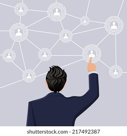 Businessman in suit half length back view hand touch screen social net concept vector illustration