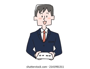 Businessman (suit) handing a business card seen from the front Comical handwritten person Vector, color on line drawing