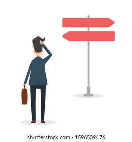 Businessman in suit has to make a choice vector illustration in flat design.