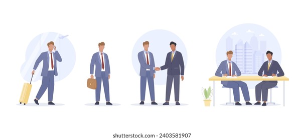 Businessman in suit having a business trip. Concept of successfully meeting, partnership, signing contracts and project cooperation agreement. Flat cartoon isolated vector illustration