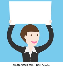 Businessman in suit holding blank banner. Flat design. vector illustration