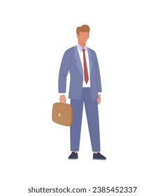 Un hombre de negocios con traje sostiene una cartera de documentos. El concepto de ilustración vectorial de éxito de liderazgo en estilo de dibujos animados planos.