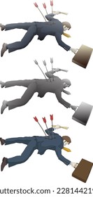 Businessman in suit holding a contract paper and briefcase lying dead with arrows stuck in his back for the concept of business casualty, isolated against white. 3D vector illustration.