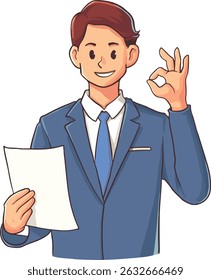 Businessman in a suit, holding a document and making an OK gesture. Perfect for business, success, and approval themes.