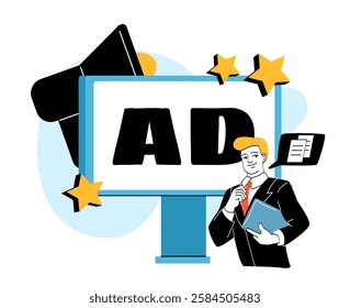 Businessman in suit holding a folder, standing beside a computer screen with AD text, stars, and a megaphone, symbolizing digital marketing