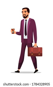 Businessman in suit holding glass of coffee. Male office worker with briefcase on coffee break. Smiling man drinking beverage, person isolated on white background. Vector character illustration