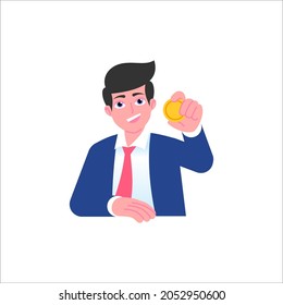 Businessman in suit holding gold coin. Investment, financial growth, donation concept. Male emoji character with different emotion and gesturing. Vector illustration isolated on white background