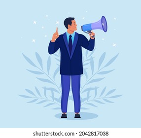 Businessman in suit holding megaphone and shouting through it. Announcement of good news. Attention please. Speaker, loudspeaker with bullhorn. Advertising and promotion. Social media marketing 