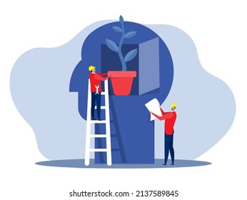 Businessman in a suit holding the tree in pot top head human chang idea Growth mindset concept vector