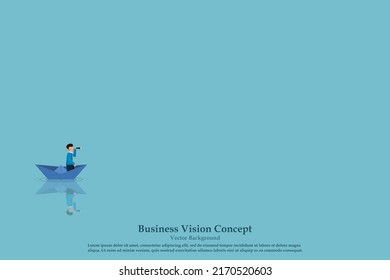 A businessman in a suit holds binoculars on a paper boat in the vast sea. Finding Progress to Success career development or business development for better quality. Vector illustration.