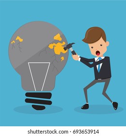 Businessman in Suit Knock a Light Bulb. Business and Finance Concept, Vector Illustration Flat Style.