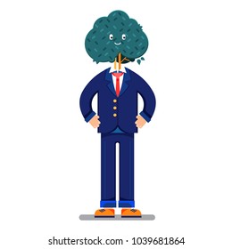 Businessman in a suit with a leafy green tree head conceptual of nature conservation, natural resources, save the planet and ecological environmental responsibility, vector isolated illustration