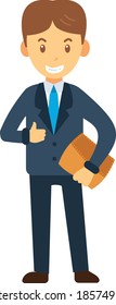 A businessman in a suit with a light blue shirt is holding a briefcase with a thumbs up.