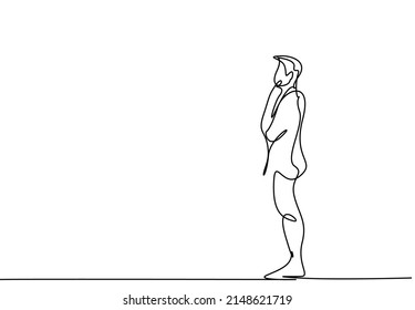 businessman in suit looking up and forward thinking putting hand on chin