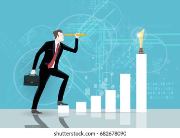 Businessman in suit looking through the telescope and climbing on the bar chart towards trophy. Business concept collection. 