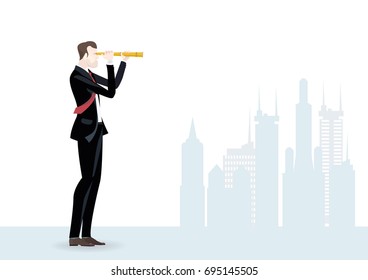 Businessman in suit looking through the telescope in the City. Business concept collection. 