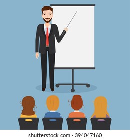 Businessman in suit making presentation explaining chart on a white board. Business seminar. Flat style vector illustration isolated on blue background.