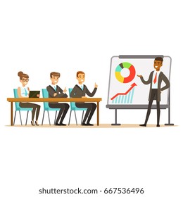 Businessman in suit making presentation and explaining chart on a whiteboard, business meeting in an office vector Illustration